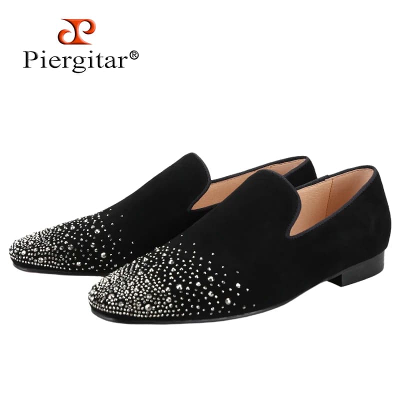 Piergitar Summer Style Sliver Strass Front Toe Mocassini da uomo Mocassini slip-on fatti a mano per ballo di fine anno e festa Suola di colore rosso