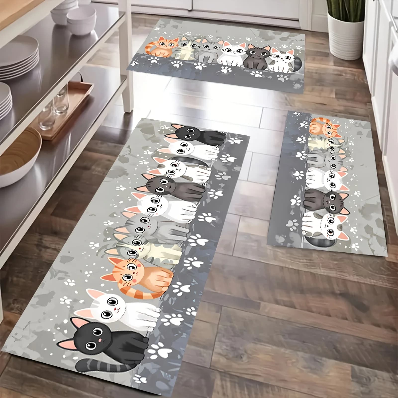 VIKAMA Anti-slip Kitchen Mat Absorbent Cats Cartons, Runner Carpet for Kids and Domestic Pets, Kawaii Bedroom Decoration