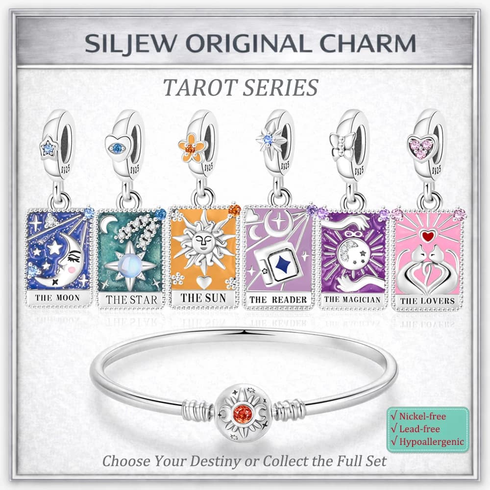 Ciondolo Charm Tarocchi SilJew in Argento 925, Pendente Luna Stella Sole Amanti Mago Lettore, Adatto per Bracciale, Regalo Gioielli Fai da Te