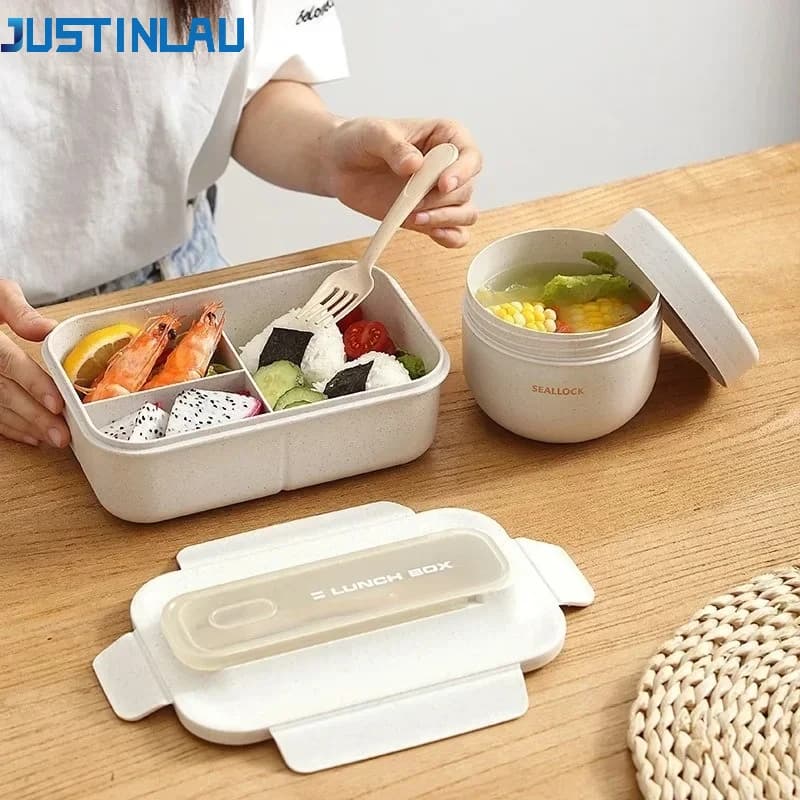 JUSTINLAU Set of cutlery, Japanese lunch container, soup bowl with spoon, fork, food container for school, office, camping, microwave