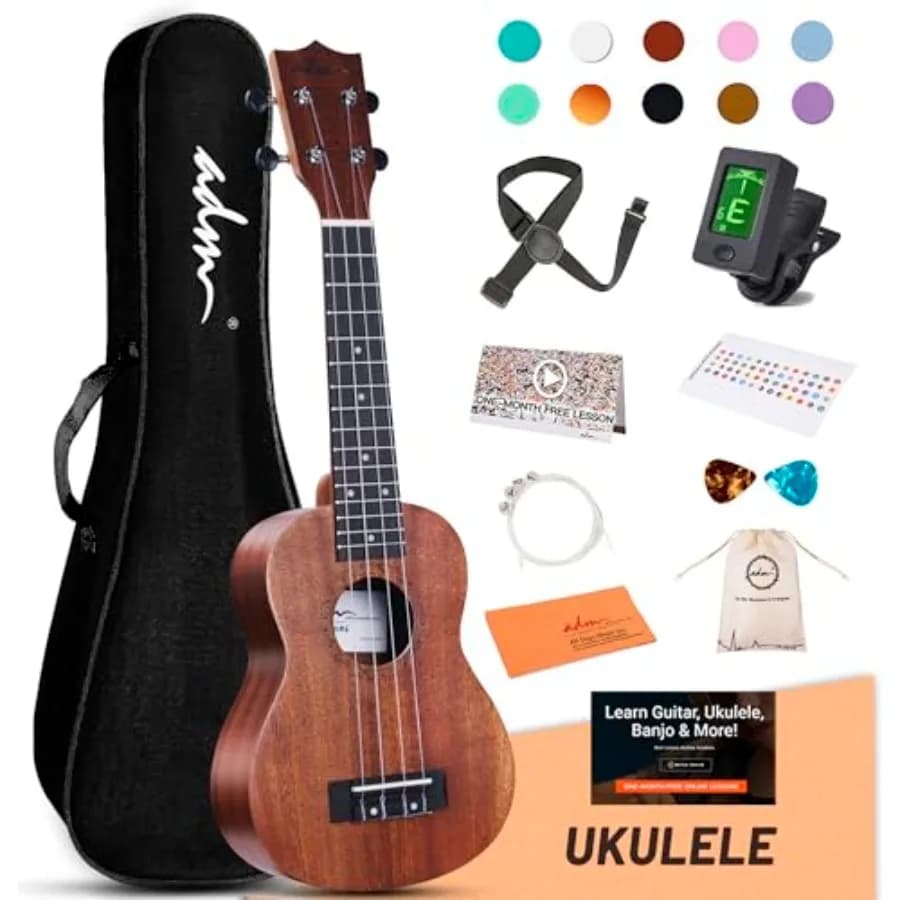 Kit Ukulele Hawaiano per Principianti in Legno di Sapele per Adulti con Lezioni Gratuite, Borsa, Tracolla, Corde in Nylon, Accordatore, Marrone, 21 Pollici
