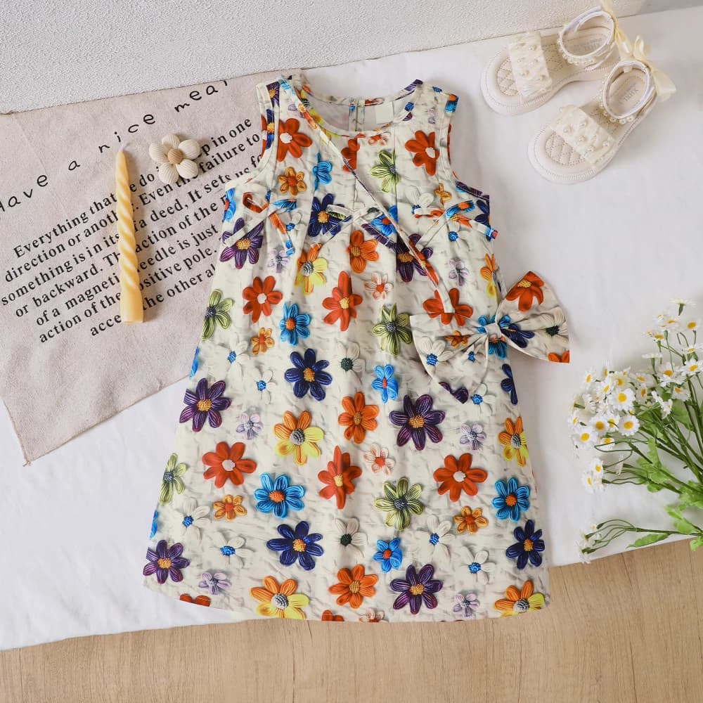 Girls' summer sleeveless three-dimensional flower bow dress