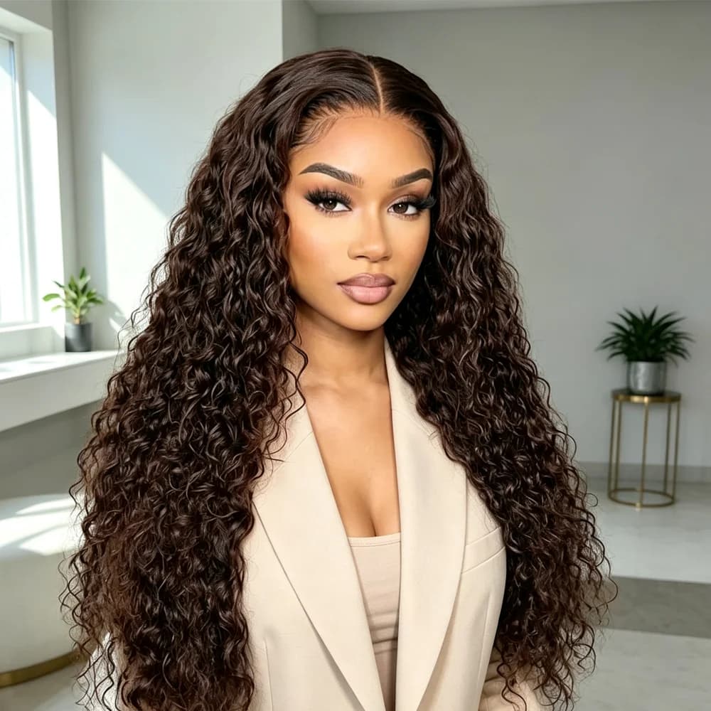 #4 Chocolate Brown Deep Wave Human Hair Wigs 32 34 Inch 200 Density 13x4 HD Lace Front Pre Plucked with Baby Hair For Women