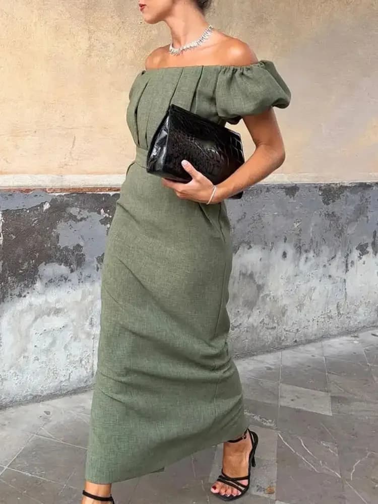 Summer Fashion Off Shoulder High Waist Banquet Dress Simple Casual Maxi Dress Office Temperament Puff Sleeve Women's Long Dress