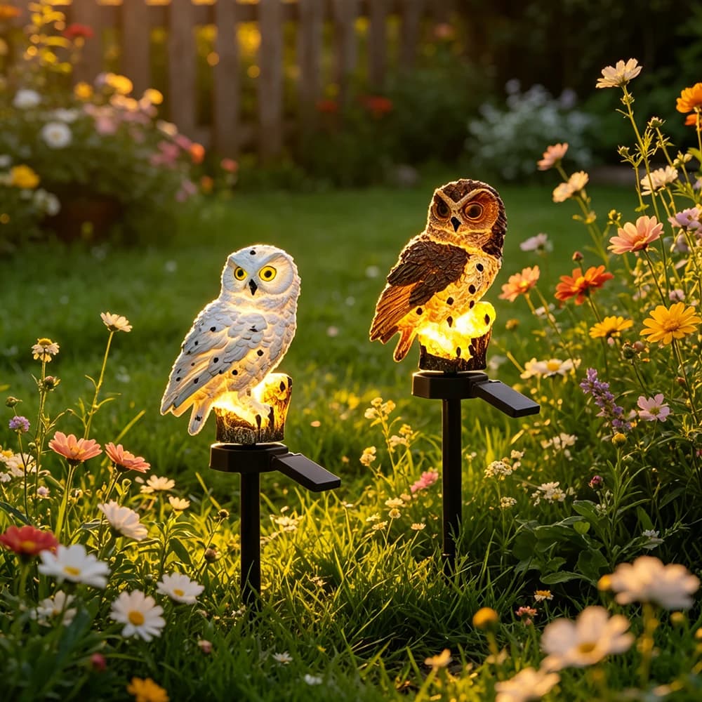Luce Solare a Forma di Gufo, Lampada da Giardino in Resina, Illuminazione Notturna per Prato, Luci LED per Esterni e Paesaggistica