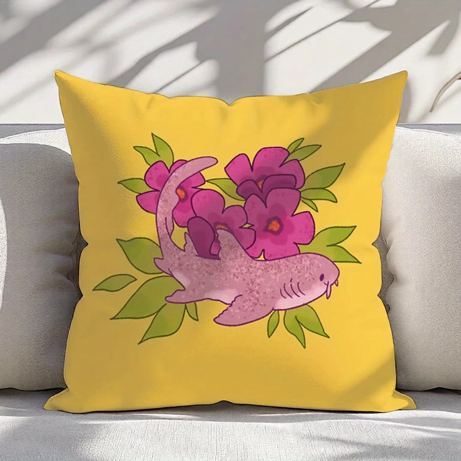 Nurse Shark Tropical Cushion Cover Single-Sided Polyester 18x18 Inch Zipper Mustard Yellow Pink Floral Washable