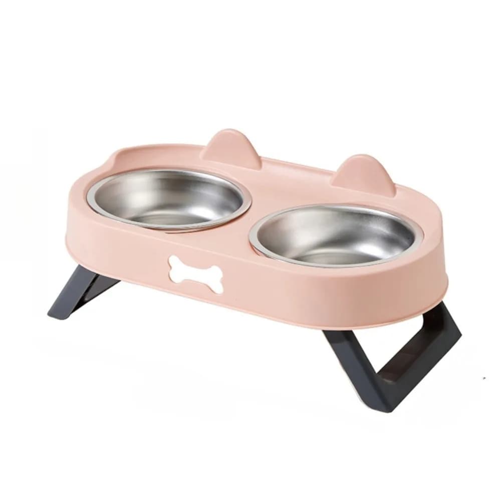 Stainless Steel Elevated Cat Bowl Cat Shaped Double Bowl Cat Feeding Dish 15°Tilted Angle Neck Protection Dog Food Container