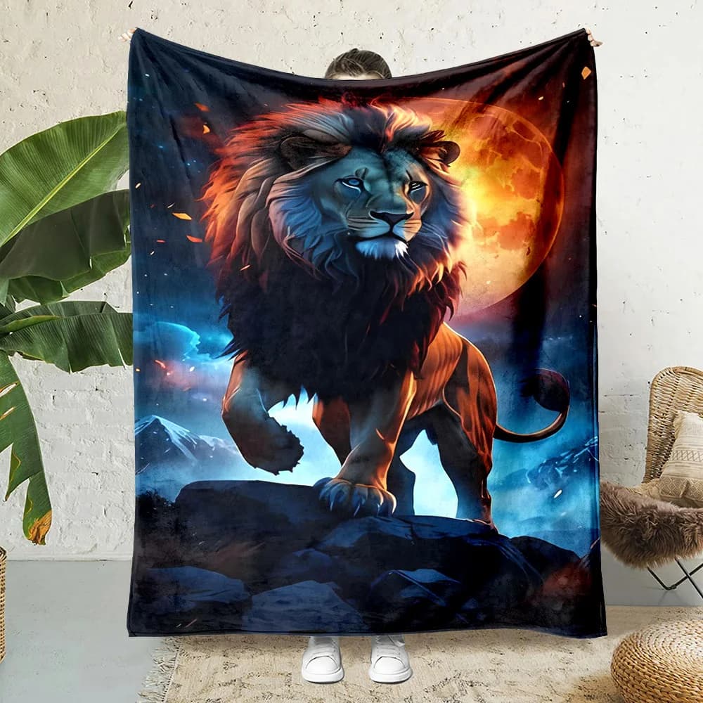 Coperta rustica stampata in flanella con stampa leone adatta a tutte le stagioni adatta per divano da ufficio e viaggi 180x250 cm