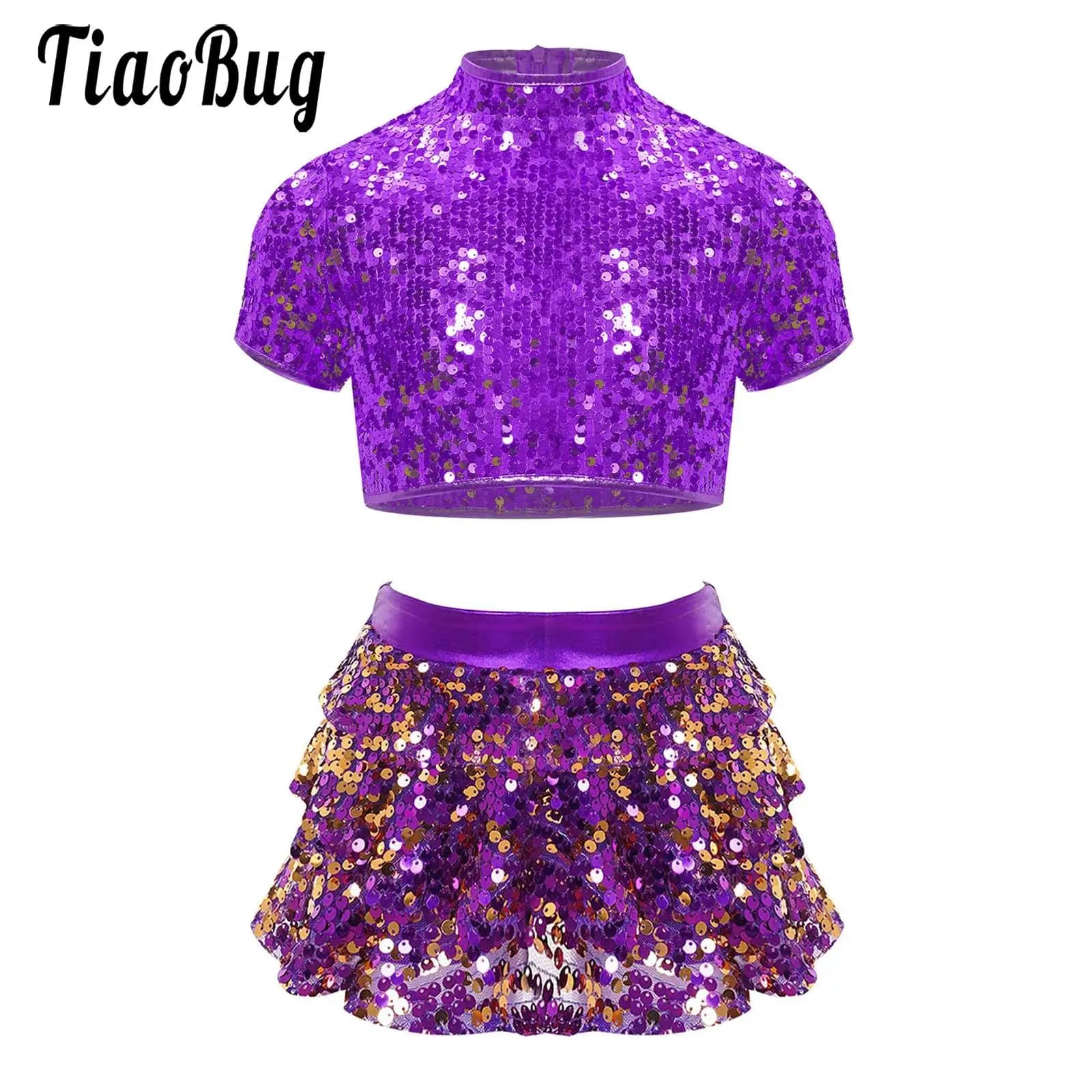 Set of costumes for modern jazz dance shows for girls, short sleeved top with sequins and ass with layers volant, cheerleader dance clothing