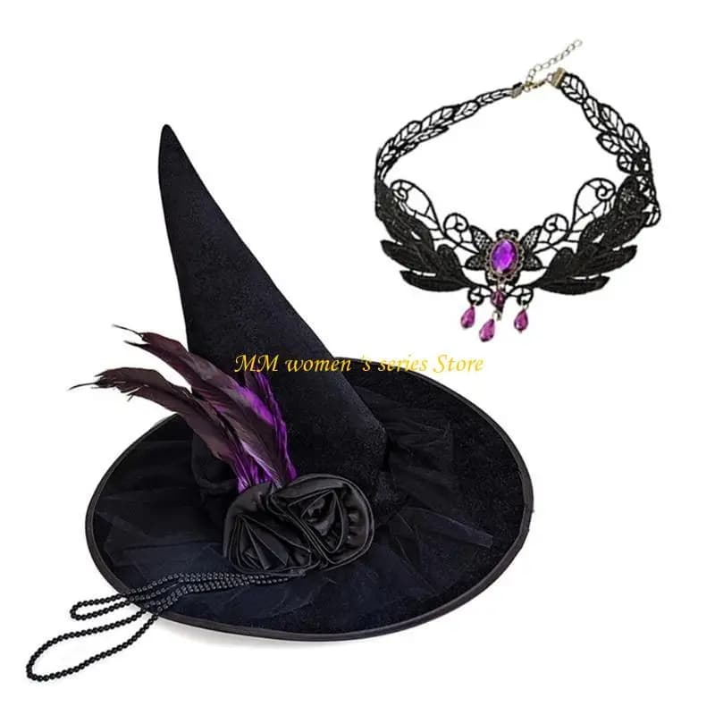 Q39C Soft Fashionable Hat Necklace Gothicism Witch Costume Hat Outdoor Activity Hat for Halloween Festivities