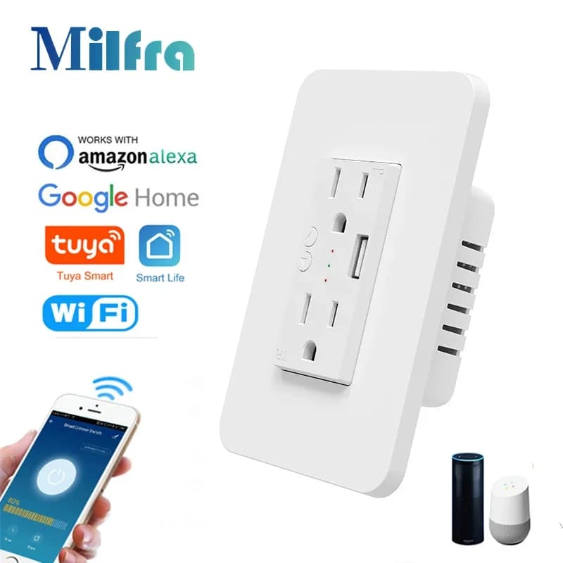 Milfra Wifi Smart Socket Double Wall US Plug Power socket with USB ON/OFF charging port Tuya Smart Life APP Voice remote control