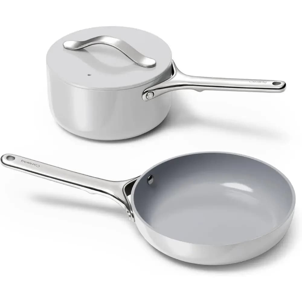 Set di 8 Padelle Antiaderenti in Ceramica e Pentola da 1,75 Qt con Supporto - Senza PTFE e PFOA, Adatte per Forno e Piano Cottura, Grigio