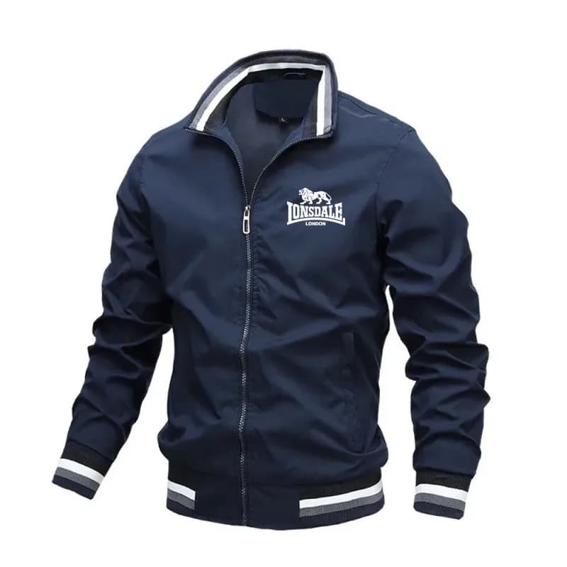 Men's Lightweight Polo-Style Bomber Jacket Fashionable Striped Print Zip-Up Windbreaker Casual Rib Trim Daily Wear