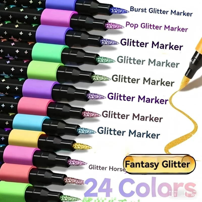 Gesso glitterato a doppia punta in 24 colori con inchiostro adesivo ad asciugatura rapida, adatto per la creazione di album e biglietti.