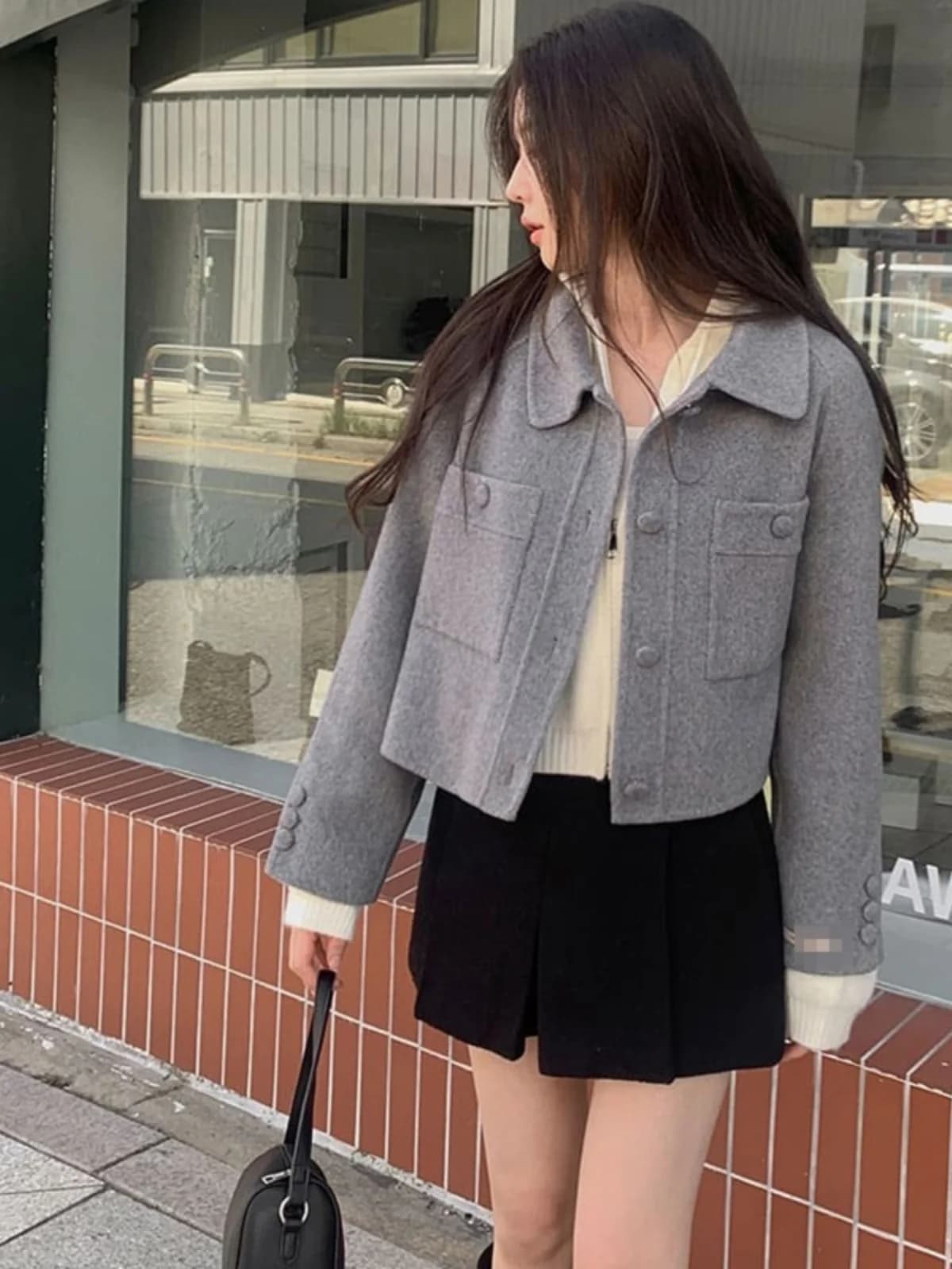 Short Korean Style Women's Coat Woolen Jacket Lapel Single Button Versatile Winter Outerwear Thickened Long Sleeve Pure Color
