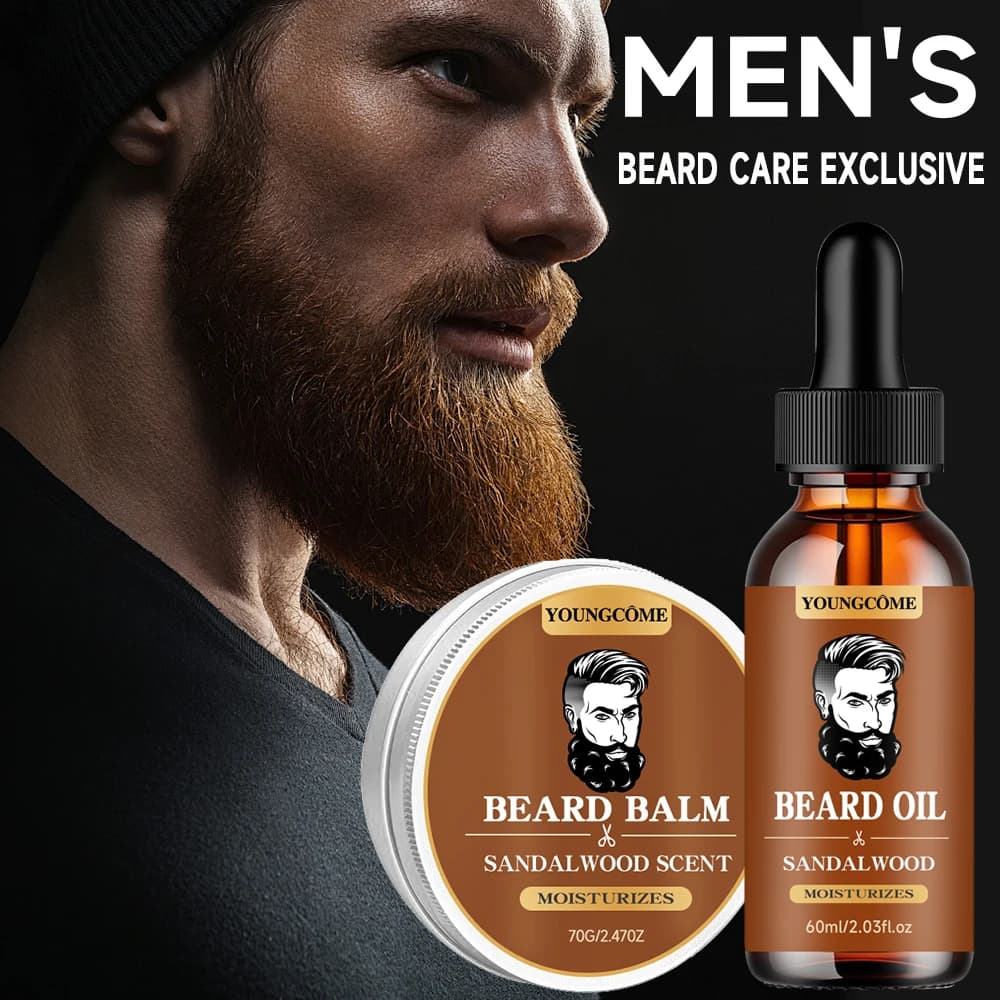 Organic beard growth oil and sandalwood balm 1/2/4 Set-24H nutritious, without scales, men's care kit with argan oil and vitamin E
