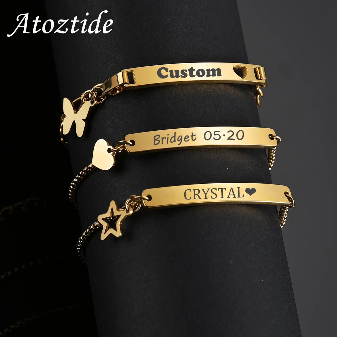 Atoztide Personalizzato Incisione Nome del bambino Cuore Stella Farfalla Data Bracciale in acciaio inossidabile per regalo di gioielli con catena a maglie per bambini da donna