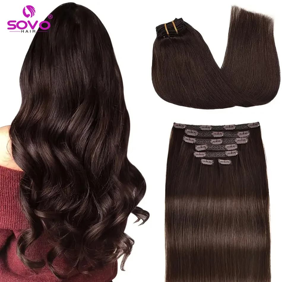 Hair extensions with clip Real human hair 100% Remy 7 pieces/set Dark brown # 2 Volumey appearance natural straight, perfect for all women