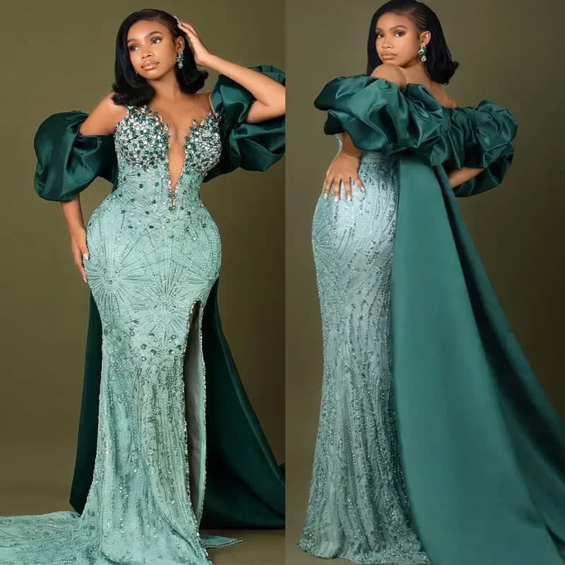 Elegante Abito da Sera Aso Ebi Stile Sirena con Perline di Cristallo, Sexy Scollo a V Profondo, Coda Staccabile, Abito Formale per Eventi e Balli Personalizzabile