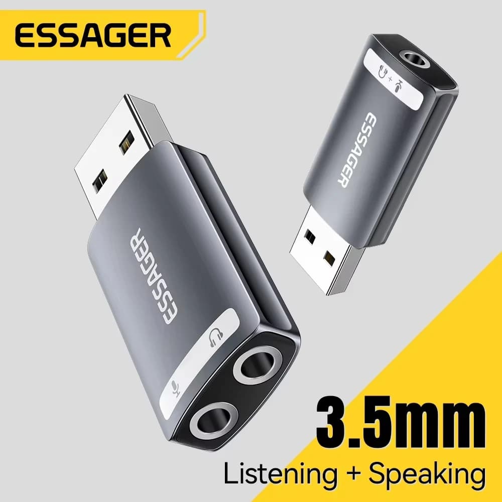 ESSAGER USB Sound Card | 3.5mm Dual Audio Adapter for PS4/PS5/Switch/Laptop – Plug & Play, Hi-Fi Chip, Headset + Mic Support