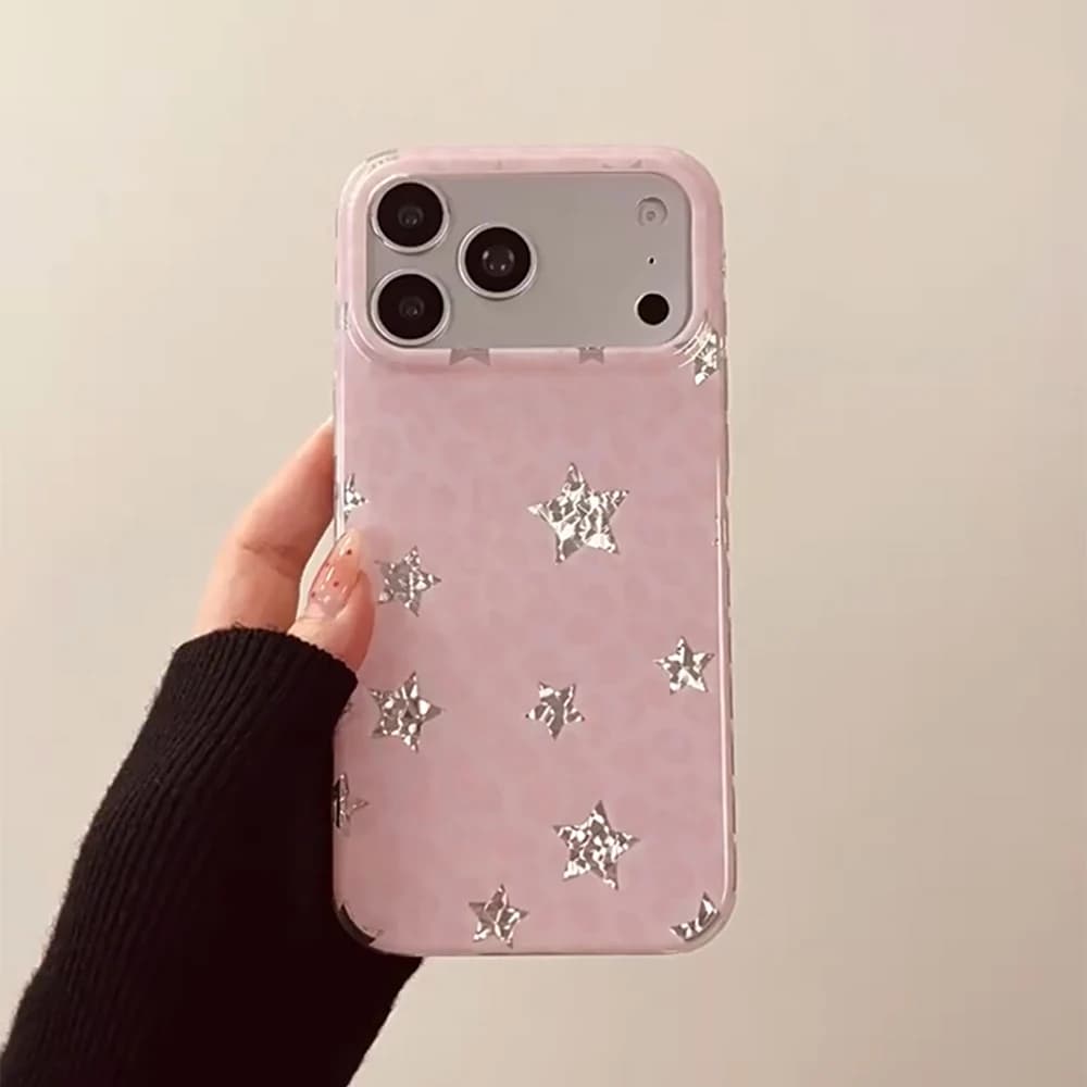 Cute Leopard Print Shiny Silver Foil Stars Phone Case for iphone 17 17pro 17promax 16pro 14 16 Pro Max 15pro max Cover Fundas