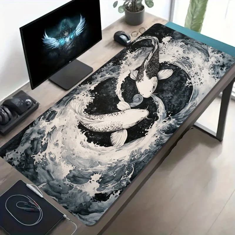 Brand Large Gaming Mouse Pad Black White Koi Wave Retro Desk Mat Non-Slip Washable Rubber Base Office Computer Decor