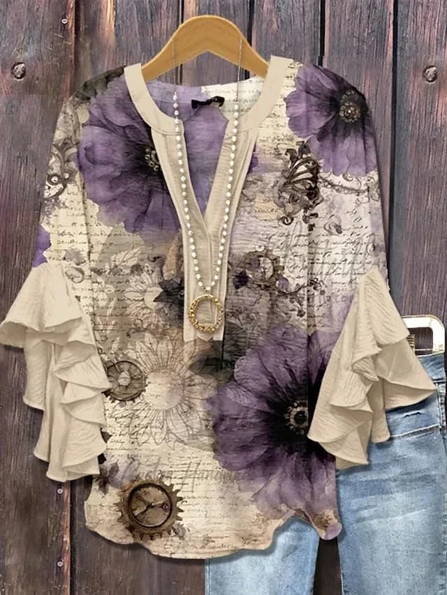 Camicia da Donna con Stampa Floreale e Maniche a Volant, Blusa Elegante e Casual, Top Femminile per Ufficio e Streetwear