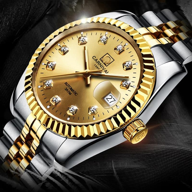 CARNIVAL Orologi meccanici automatici classici con diamanti per uomo Orologio da uomo d'affari di lusso con calendario luminoso alla moda