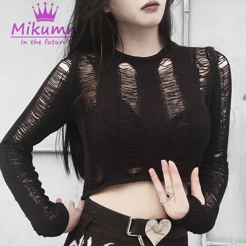 Maglione corto alla moda gotica Sexy scava fuori la fasciatura posteriore top donna Pullover nero Streetwear maglione lavorato a maglia Punk