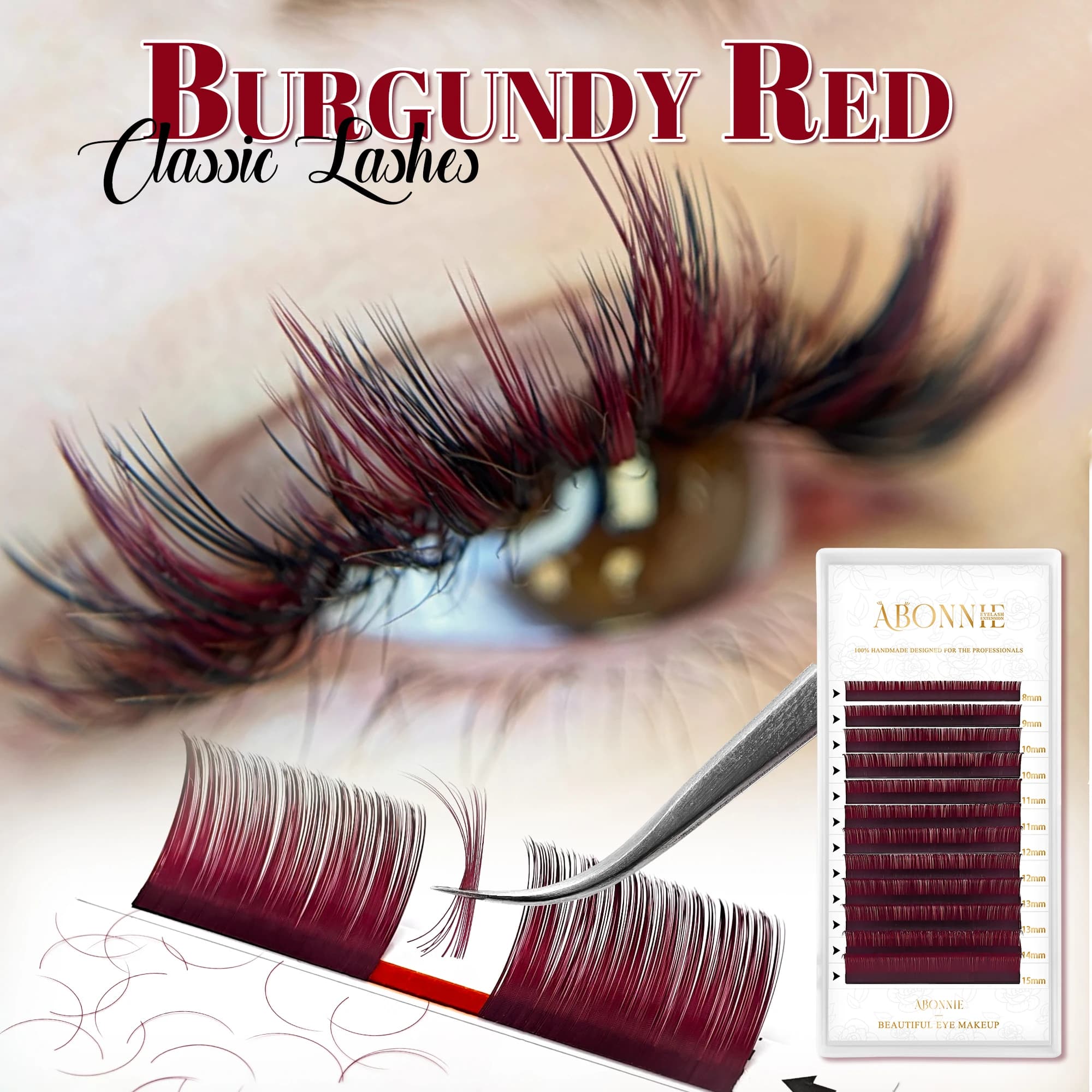 Ciglia finte color bordeaux 0.05, ciglia in cashmere rosso vino, extension ciglia classiche colorate, ciglia finte voluminose, extension ciglia Abonnie.