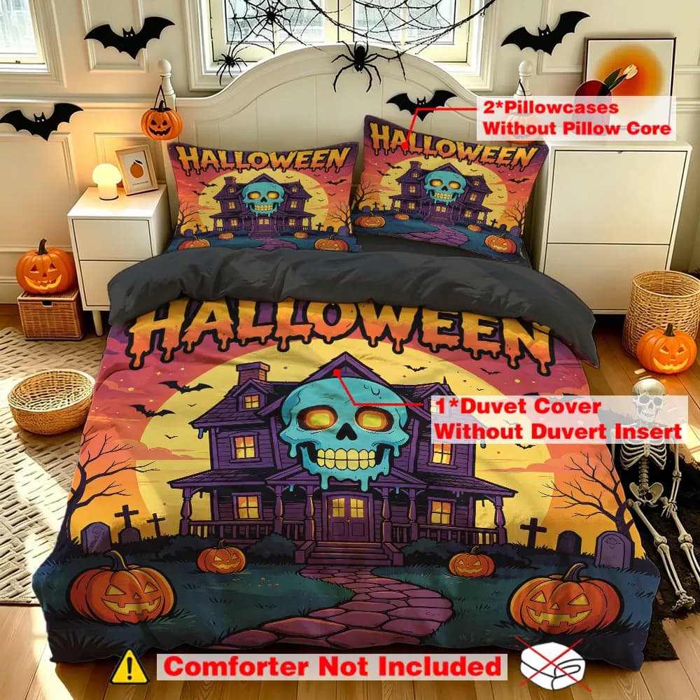 Halloween Haunted House Blue Skull Pumpkin 3Pcs Duvet Cover Set Scary Gothic Spooky Bedroom Bedding Set