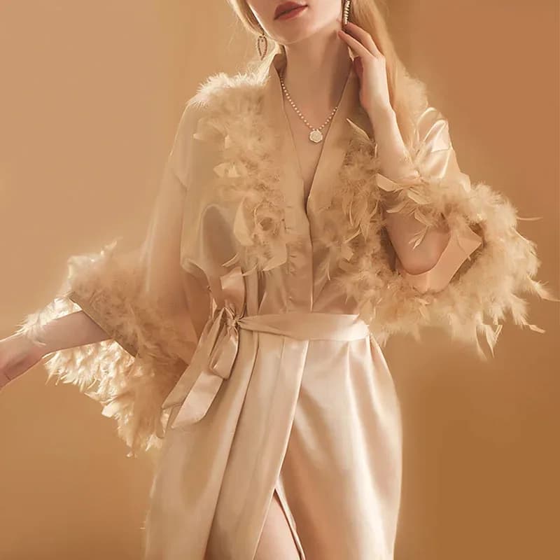 qq34New Raso di seta Pizzo Damigella d'onore Sposa Abiti Festa di nozze Camicie da notte Manica di piume Accappatoio Pigiama da donna Lingerie Ro