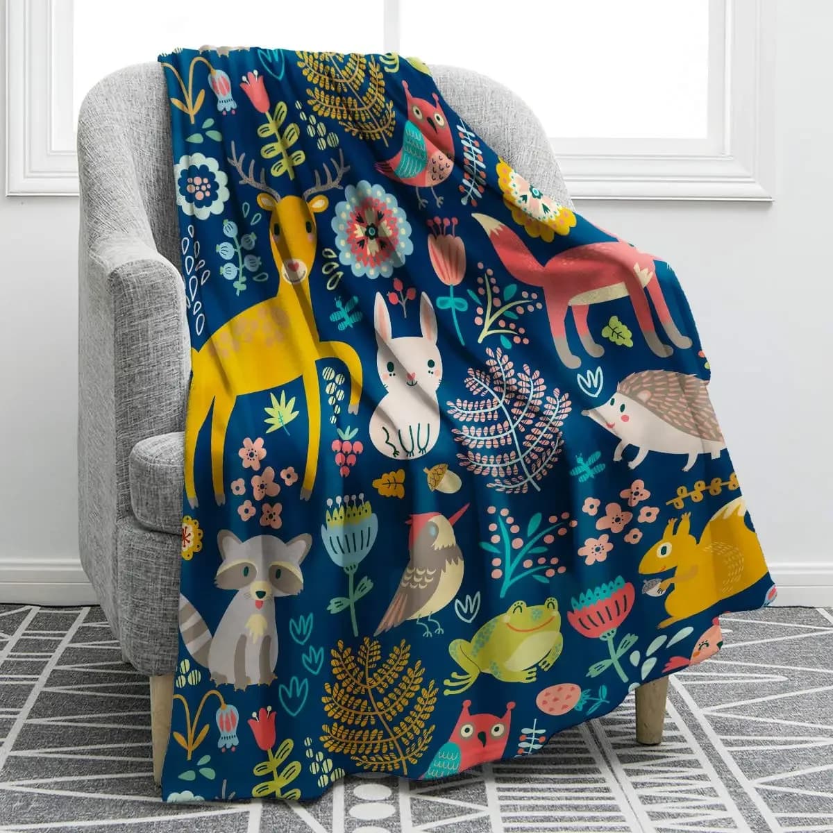 Cartoon Forest Animals coperta Soft Warm Deer Rabbit Owl Fox Print coperta per adolescenti adulti regalo divano Chair Bed Office