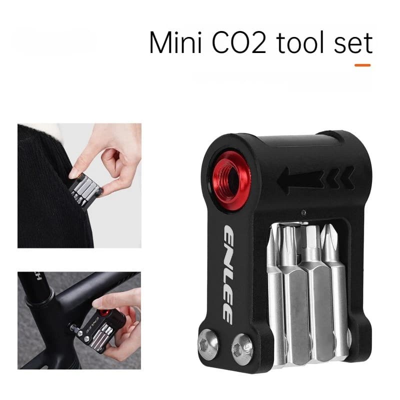 Kit di Attrezzi Multifunzione 9-in-1 per Bicicletta, Gonfiatore CO2 e Set di Chiavi Allen Portatili per Manutenzione MTB e Bici da Strada