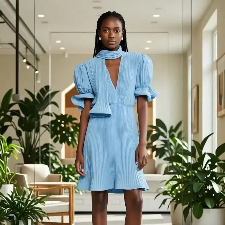 Elegant Dress Midi Plissettato Azzurro with Maniche a Sbuffo, Colletto a Sciarpa, Estivo Dress with V-neck, Pieghe Arricciate, Made to Measure