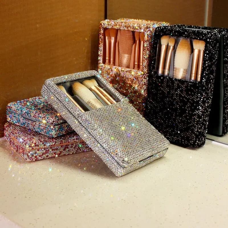 Set da Viaggio di Pennelli da Trucco con Specchio, Scatola Decorata con Diamanti, Set Portatile con Setole Morbide per Principianti
