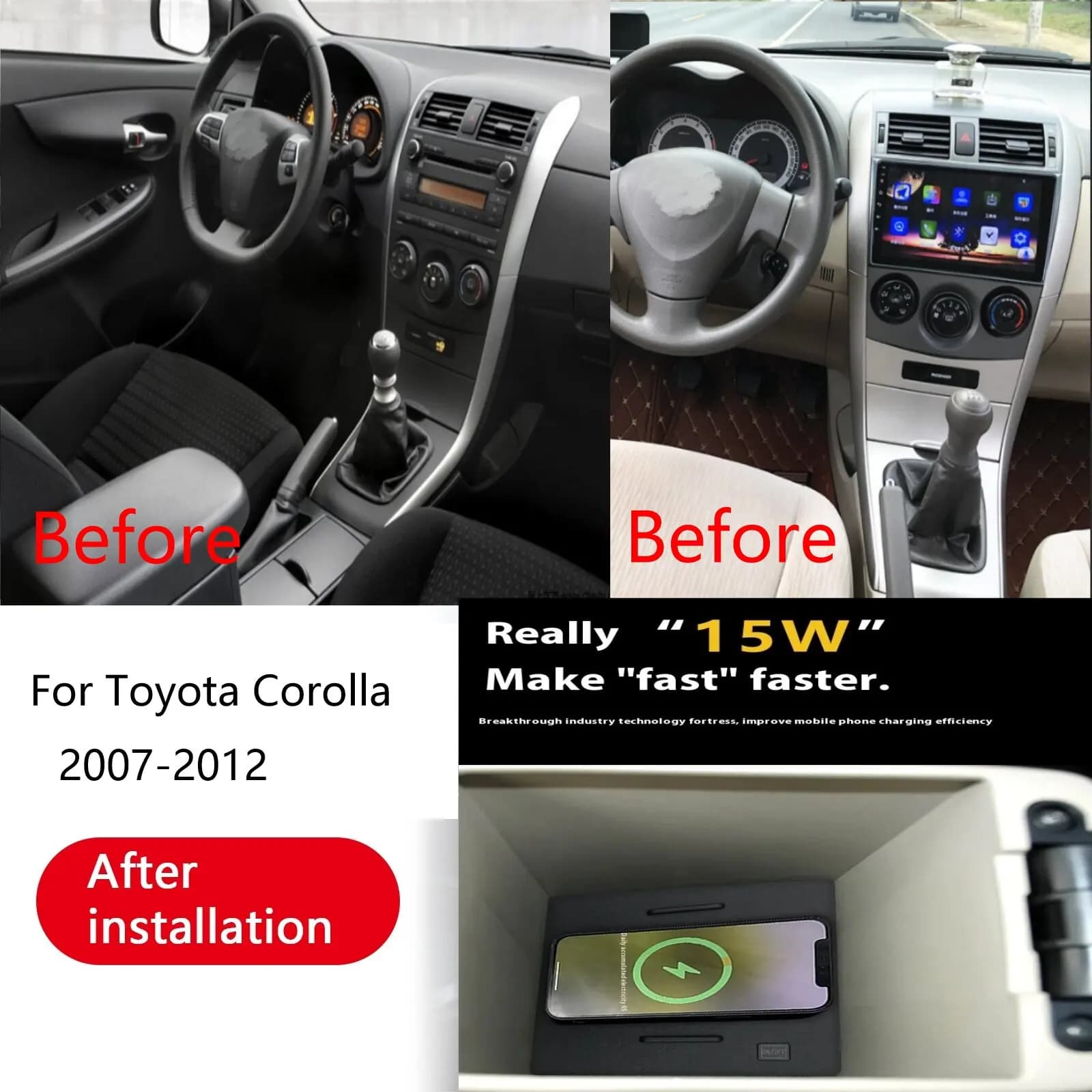 2 DIN The latest 15W wireless charger, special QI phone fast charging panel integrated Car accessories for Toyota Corolla 2007- 2012