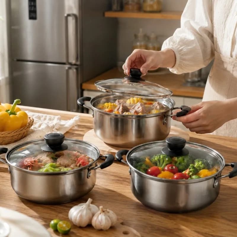 3pcs Set Stainless Steel Soup Pot Thick Base Induction Cookware Pasta Ramen Stew Hot Pot RV Camping Kitchen Accessories