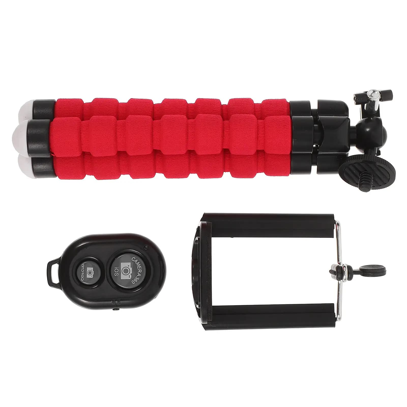 Treppiede per selfie regolabile con rotazione, clip grande e pad antiscivolo per telefono e fotocamera, estensibile, portatile, rosso