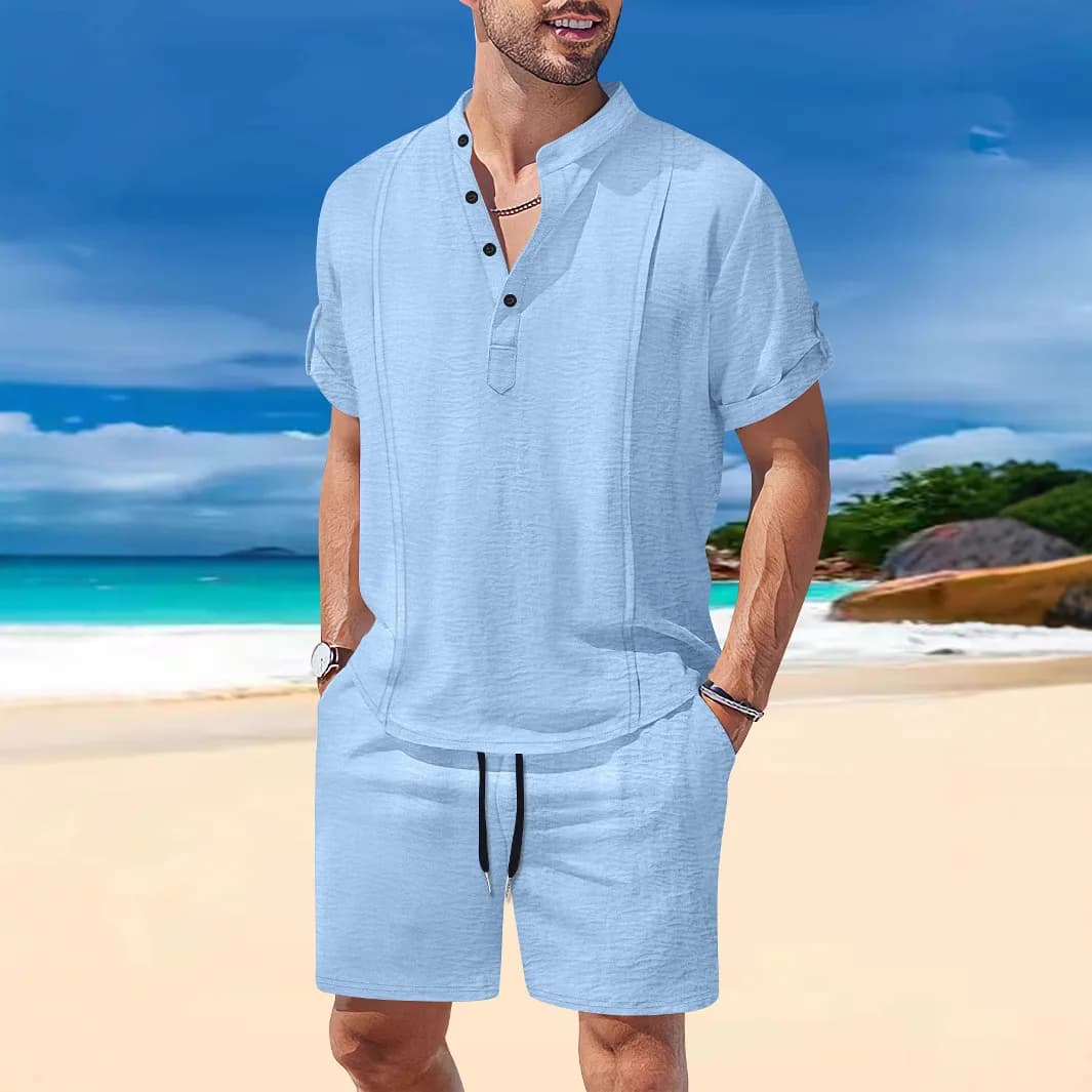 Completo Estivo da Uomo: Maglia Henley e Pantaloncini, Set Casual Traspirante per Spiaggia, Yoga e Uso Quotidiano