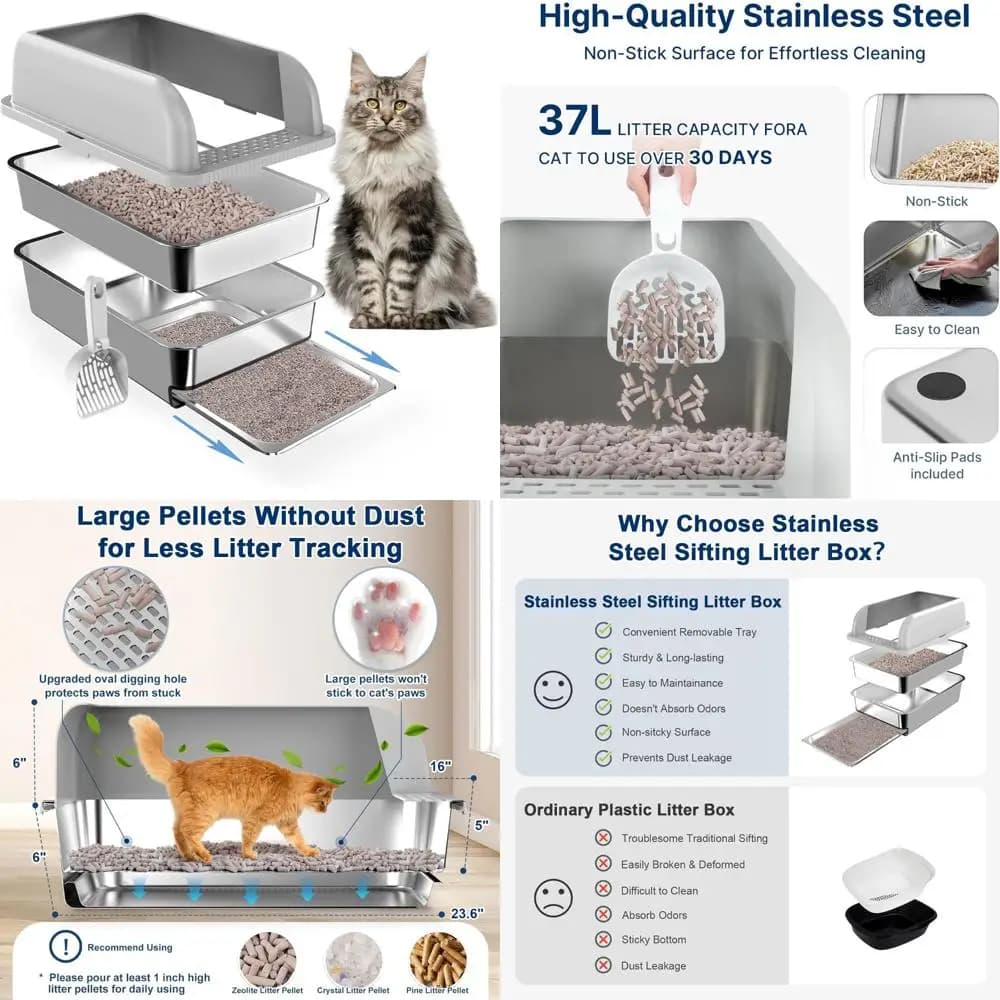 Lettiera per setacciatura extra large in acciaio inossidabile con cassetto rimovibile per pellet di pino, lettiera per gatti chiusa ideale con coperchio per