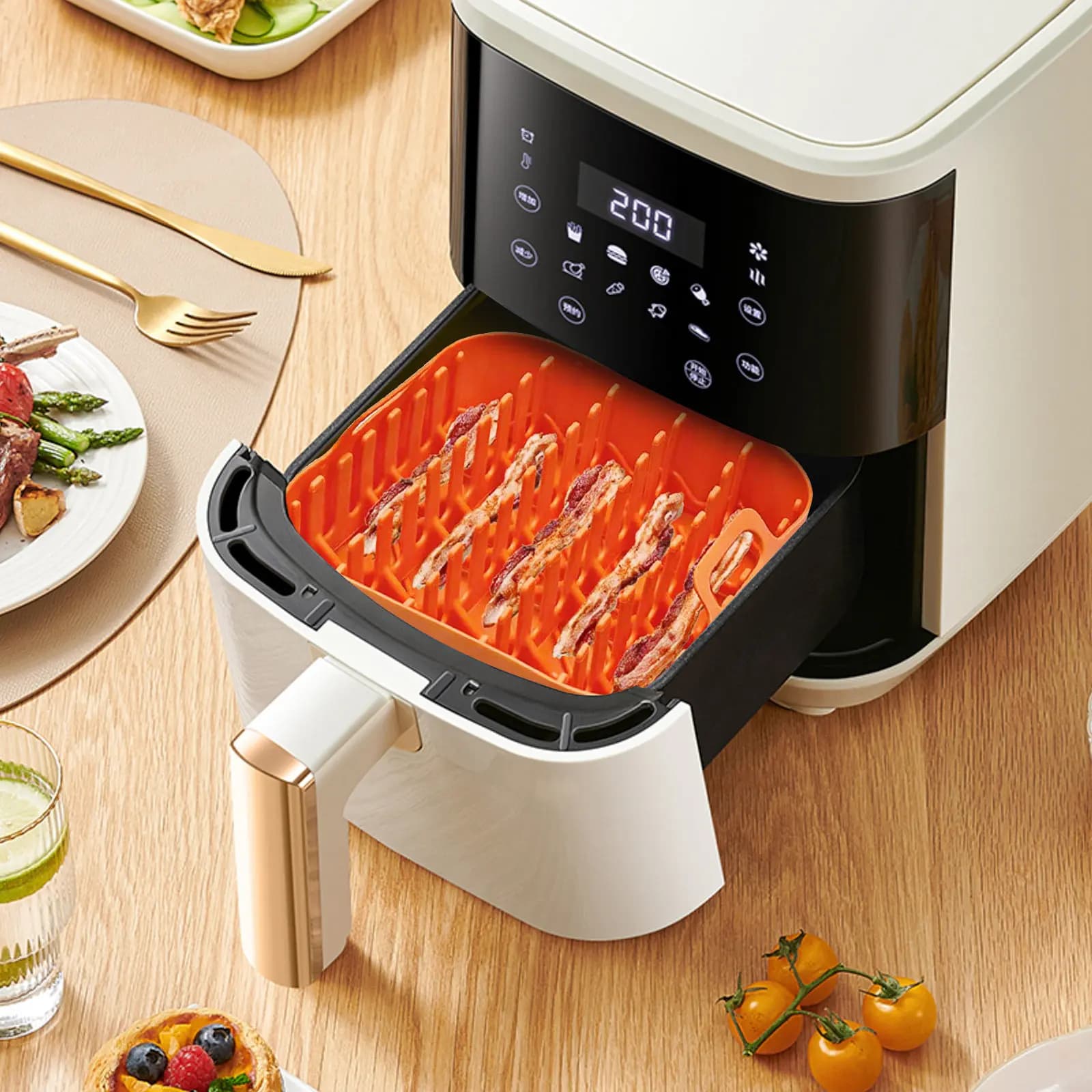 Set di 1 vassoio in silicone per frittura ad aria, griglia antiaderente riutilizzabile resistente al calore per pancetta, accessori da cucina per forno a microonde