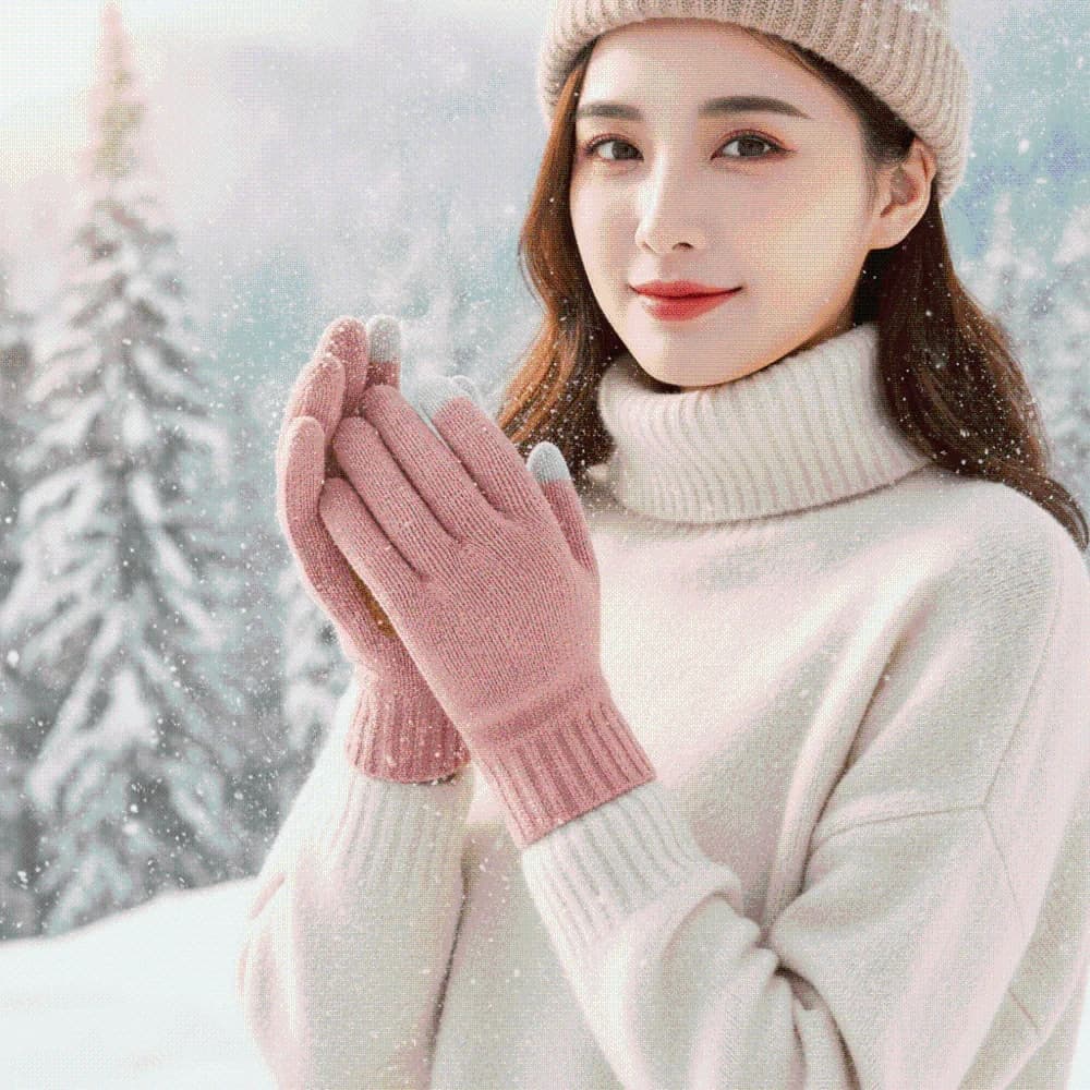 Leather Patch Touchscreen Gloves Knitted Wool Solid Color Winter Knit Mittens High Quality Thick Lining Woolen Warm Gloves