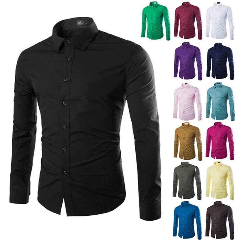 Camicia casual a maniche lunghe da uomo alla moda color caramello da uomo in tinta unita da 14 colori