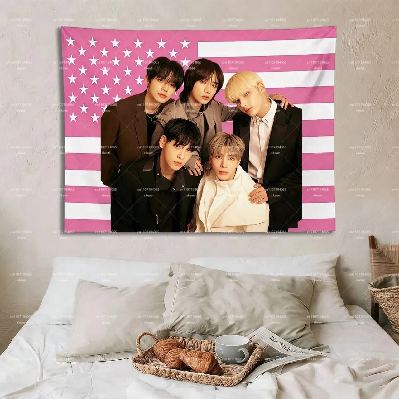 VIKAMA TXT Pink Tapestry Wall Hanging Tomorrow X Together K-pop Idol Group Photo Fan Merch MOA Aesthetic Bedroom Decor