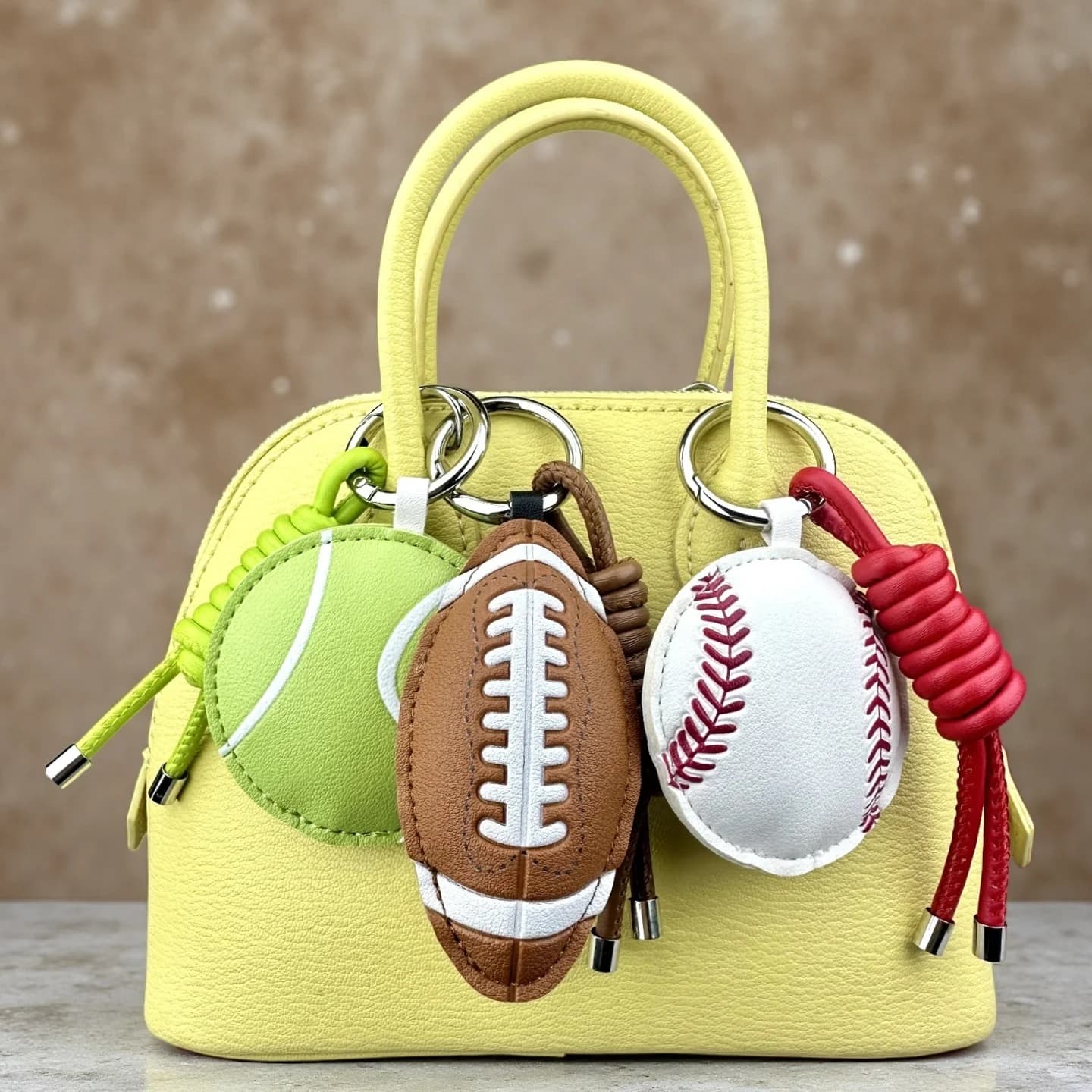 PU Leather Rugby Baseball Tennis Ball Charm Keyring Set-Sporty Bag Hanging Ornament, Fashionable Gift for Sports Lovers, Street