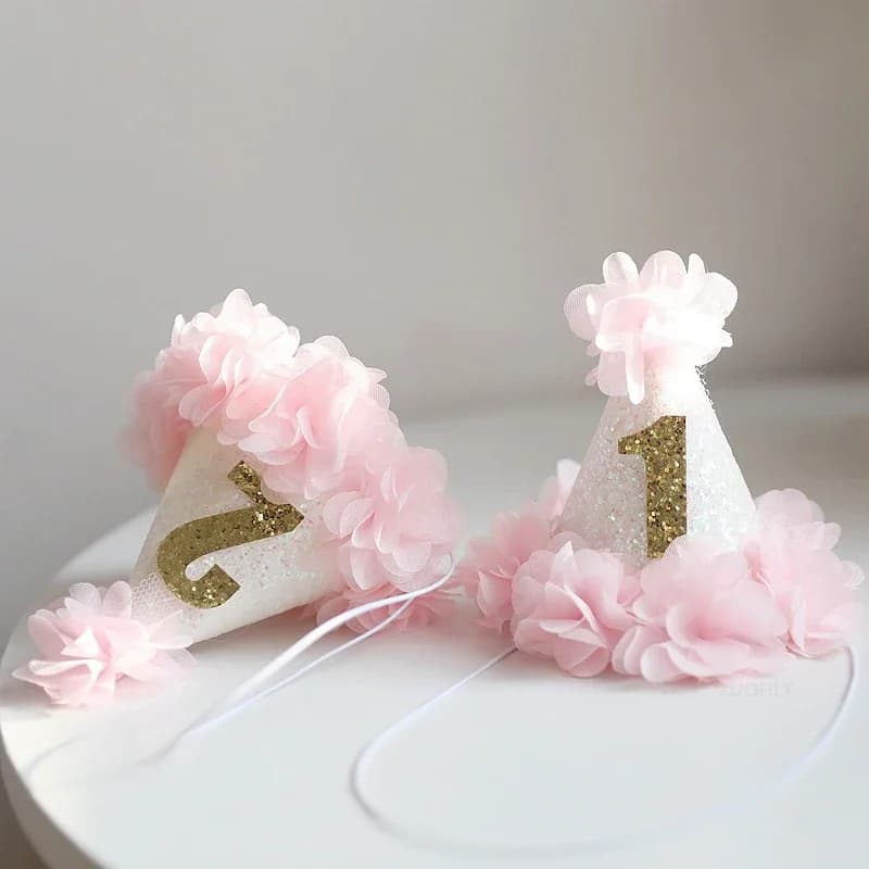 Girl Pink Flower Chic 1st Birthday Hat White Glitter Party Hat 1 2 3 years old Headband Cake Smash Party Cap Pets Birthday Hats