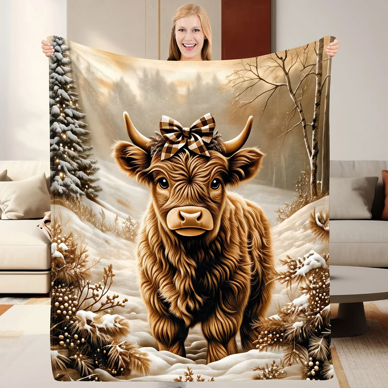 1Pc Highland (Hairy Coo) Flannel Throw Blanket Ultra-Soft Lightweight Cow Design Bedspread, Brown/Beige/White/Black Farmhouse