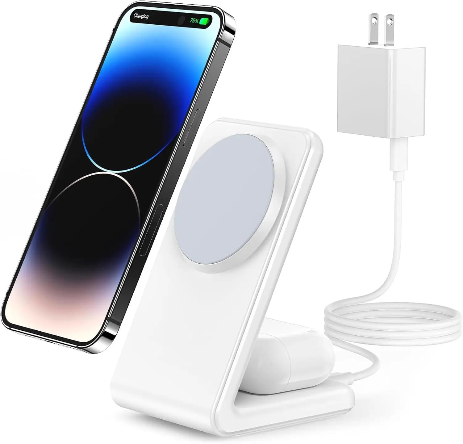 2-in-1 Magsafe Charger Stand with 20W PD USB-C Block & Cable, Fast Wireless Charger for iPhone 17/16/15/14/13/12, AirPods 4/3/Pro, White