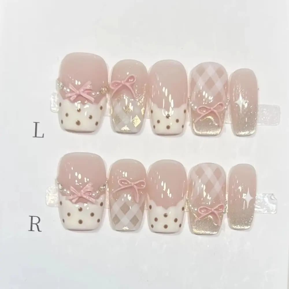Set of 10 Fine Acrylic Nails Media Length, Ballet Style, Pink Cat Eye Effect, with Bow, Ready to Use